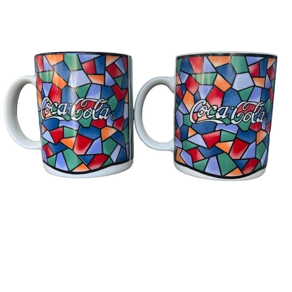 Gibson Vintage 1996 Coca-Cola Mosaic Stained Glass Coffee Mugs Set of 2